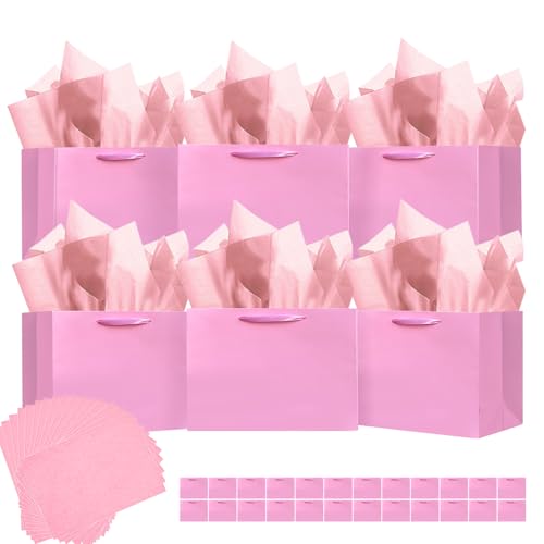 qiqee Pink Gift Bags, Medium Size, 9.6"x7.9"x4.3", 24PCS - color: Pink, size: 24 Count (Pack of 1)