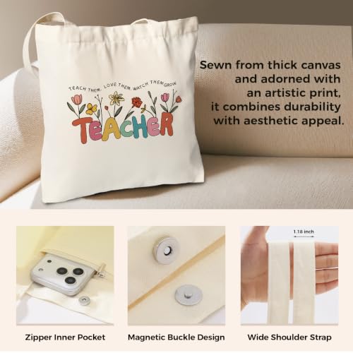 Cute Canvas Tote Bag for Women, Book Totebag with Zipper Pocket - color: Teacher Floral