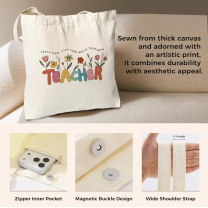 Cute Canvas Tote Bag for Women, Book Totebag with Zipper Pocket - color: Teacher Floral