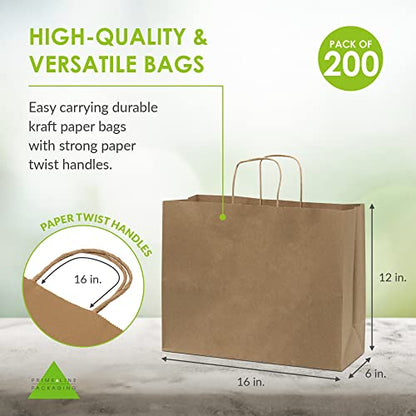Prime Line Packaging Large Brown Bags, Kraft Gift Bags, 16x6x12, 200 Pack - size: 16x6x12 Inch