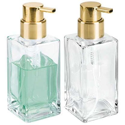 mDesign Glass Refillable Foaming Hand Soap Dispenser Modern Square Pump Bottle for Bathroom Vanities or Kitchen Sink, Countertops - 2 Pack - Clear/Soft Brass - color: Clear/Soft Brass