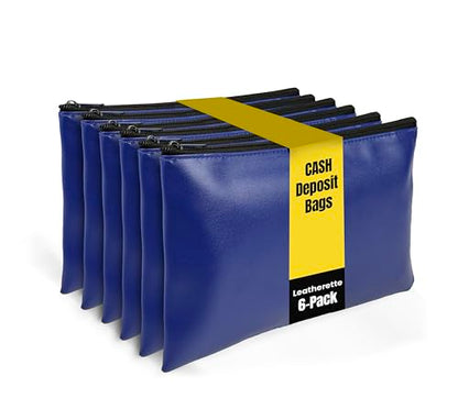 Better Office Products 6 Pack, Zippered Security Bank Deposit Bag, Leatherette, Cash Bag, Coin Bag, Utility Pouch, Blue, 6 Bags