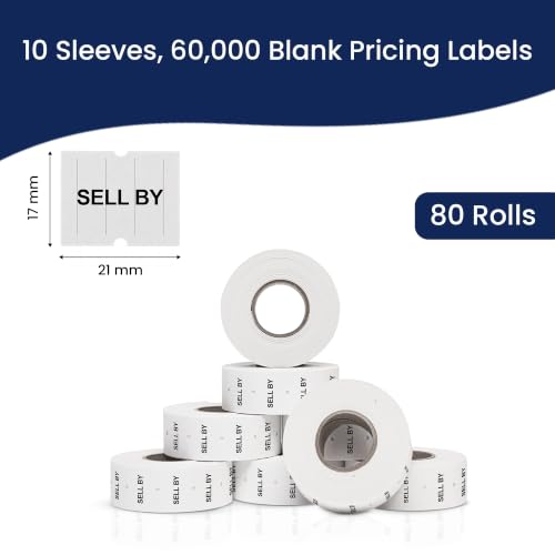 Perco 2 Line Sell BY Labels - 60,000 Blank Date Gun Labels for Perco 2 Line Date Guns - 80 Rolls, 10 Sleeves - Made in USA - size: 10 Sleeves, style: SELL BY