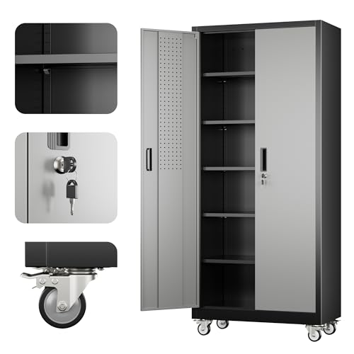 Aobabo Upgrade 71H''*32''W*16''D Metal Garage Storage Cabinet with Wheels and Pegboards, 5 Adjustable Shelves Steel Storage Cabinets for Home,Warehouse,Garage,Assembly Required,Black Gray - color: Black Dark Gray, size: 16"D x 32"W x 71"H-0 Drawers