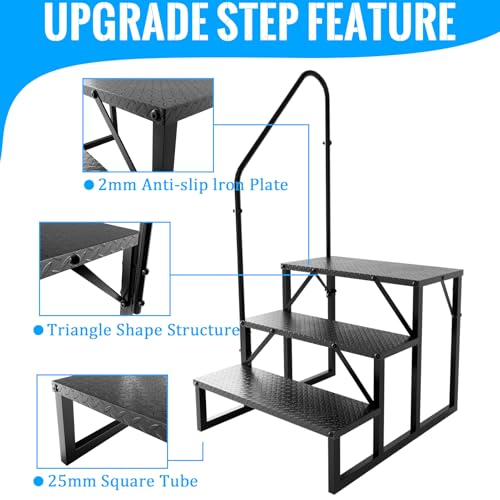 3 Step RV Stairs with Handrail, 660LBS Heavy Duty Anti-Slip Metal Steps, Detachable Outdoor Stairs for Hot Tub/5th Wheel/Pool/Mobile Home - size: 3 Step