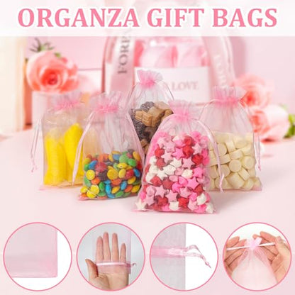 ENNIYU 100pcs Organza Gift Bags, Pink Satin Drawstring Mesh Gift Bag, 4 x 6 inches Wedding Christmas Favors Gift Bags Jewelry Pouches - color: Pink