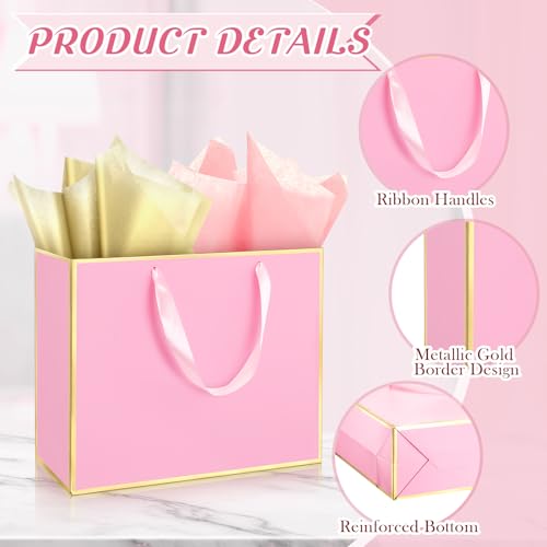 ReliThick 12 Pack Paper Gift Bag with Handles & Tissue, Pink, Gold - color: Pink, Gold