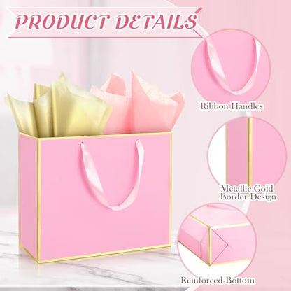 ReliThick 12 Pack Paper Gift Bag with Handles & Tissue, Pink, Gold - color: Pink, Gold