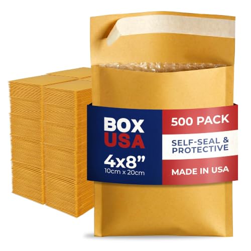BOX USA 4 x 8" Kraft Bubble Mailers (500-Pack) - Brown Padded Envelopes, Self-Seal Shipping Bags for Business, Heavy Duty Cushioned Mailing Envelopes for Packaging and Shipping - size: 4x8" (500-Pack)
