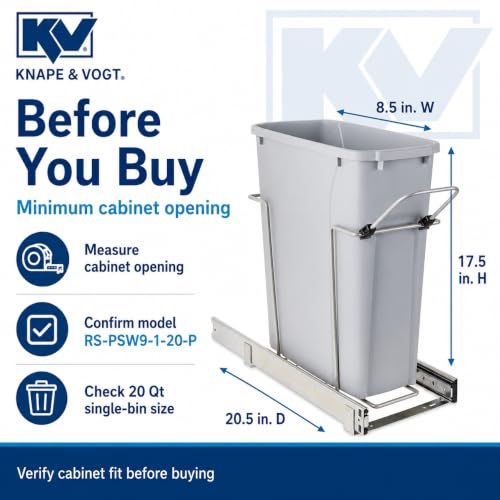 Knape & Vogt in-Cabinet Pull Out Trash Can, 20-Qt., Bottom-Mount Cabinet Installation, Requires Min 8-in Opening, 20.5 in x 8.5 in x 17.5 in, RS-PSW9-1-20-P, Platinum - color: Platinum