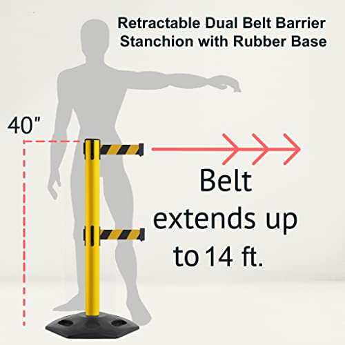 Montour Line MSR650D Set of 2 Retractable Belt Barrier Stanchion, Heavy-Duty Rubber Base, Yellow Steel Post (14 ft Blue Belt) - color: Blue, size: Yellow Steel