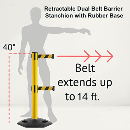 Montour Line MSR650D Set of 2 Retractable Belt Barrier Stanchion, Heavy-Duty Rubber Base, Yellow Steel Post (14 ft Blue Belt) - color: Blue, size: Yellow Steel