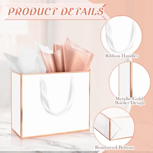 ReliThick 12 Pack Paper Gift Bag with Handles & Tissue, Rose Gold, White - color: Rose Gold, White
