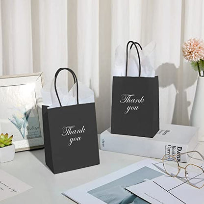 DjinnGlory 60 Pack Tiny Mini Black Paper Gift Party Goodie Bags with Handles Bulk 6.3 x 4.7 x 2.75 Inch for Halloween Birthday Favors Treats, DIY Crafts, Small Business Merchandise Kraft Bags - color: Black