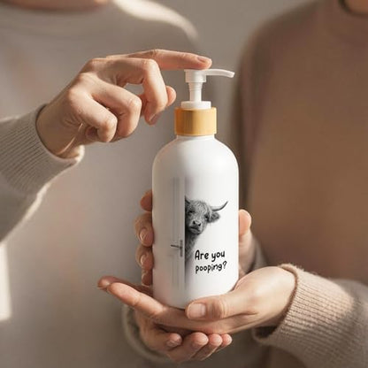 Highland Cow Bathroom Soap Dispenser, are You Pooping Glass Hand Soap Dispenser with Pump, Funny Cow Refillable Handsoap Liquid Bottle for Bathroom Washroom Restroom Countertop - color: Pooping Cow