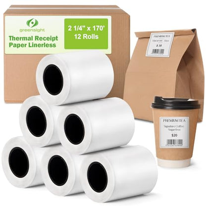 (12 Rolls) 2 1/4" x 170' Sticky Linerless Label 58mm, Thermal Receipt Paper - size: 12 Roll (2 1/4" x 170')