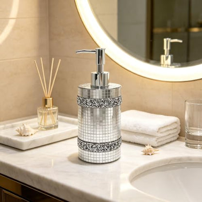 Silver Soap Dispenser，Mosaic Glass Decoration, 12oz Refillable - size: Soap Dispenser