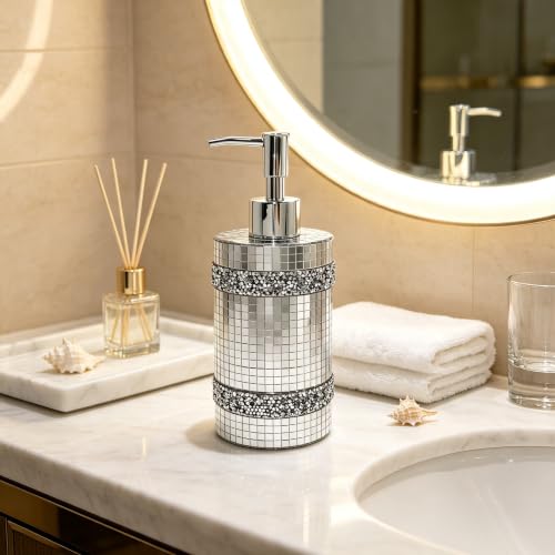 Silver Soap Dispenser，Mosaic Glass Decoration, 12oz Refillable - size: Soap Dispenser