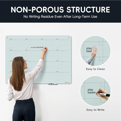 Magnetic Glass Yearly Calendar Whiteboard - Glass Dry Erase Board 48"x36" Large Frameless Glass Board for Walls Office School and Home - color: Yearly, size: 48" x 36"