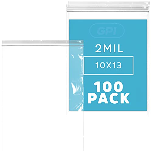 GPI - 10" x 13" Zip Bags, 100 Count, Clear Plastic Reclosable Zipper Poly Baggies, with Resealable Zip Top Lock. for Freezer, Apparel, Clothing, Food, Home & Office Supplies. - size: 10" x 13"