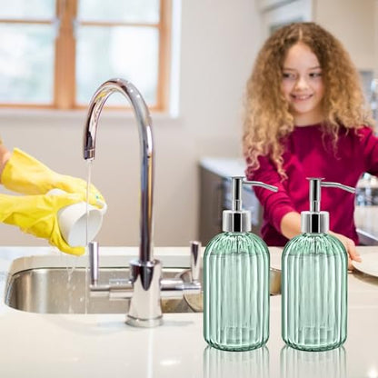 2 Pack Glass Soap Dispenser Bottle with Pump, 14 Oz Refillable Liquid Hand Jar Dispenser for Bathroom, Countertop, Kitchen, Laundry Room (Light Green) - color: Light Green