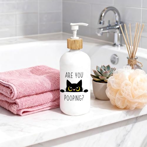 Black Cat Bathroom Glass Soap Dispenser, are You Pooping Hand Soap Dispenser for Bathroom, Black Cat Lover Gifts Refillable Handsoap Pump Bottle for Washroom Restroom Countertop