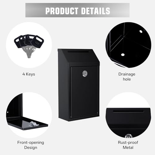 Pay Here Cash Box for Farm Stand, Cash Drop Box with Lock and Slot, Metal Money Drop Box with 4 Keys Wall Mount, Black - color: Black