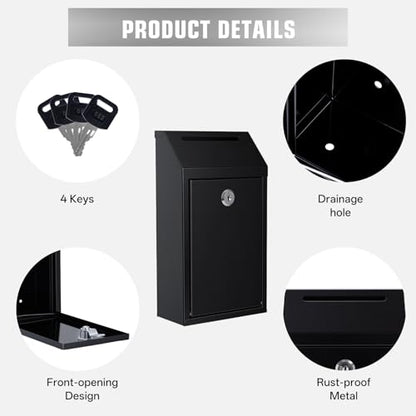 Pay Here Cash Box for Farm Stand, Cash Drop Box with Lock and Slot, Metal Money Drop Box with 4 Keys Wall Mount, Black - color: Black