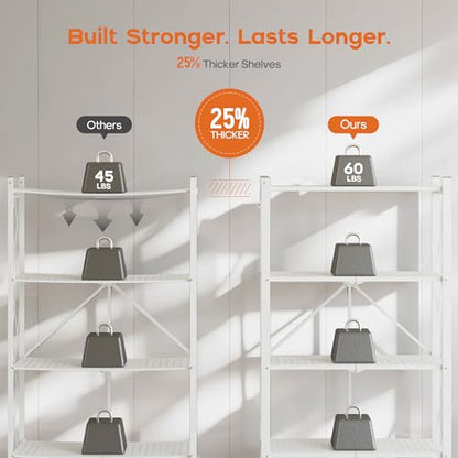 Fenbeli 4-Tier Folding Metal Storage Shelves with Wheels, 600 lb Capacity - color: White, size: 4 Tier