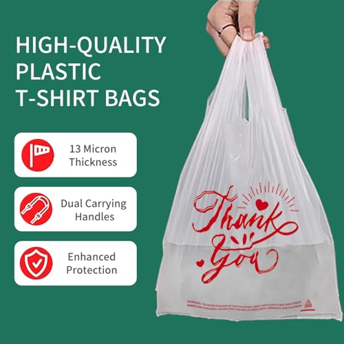 300 Pack Upgraded White Thank You T-Shirt Bags - 11.5"x6.5"x21" Reusable Grocery Bags with Handles, Eco-Friendly Retail Packaging for Supermarket & Small Business