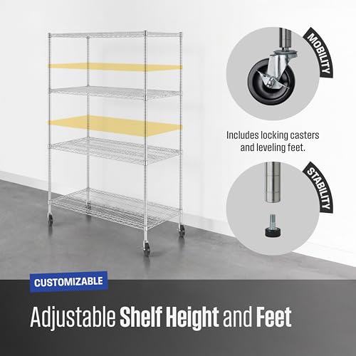 SafeRacks NSF Heavy Duty 4-Tier Steel Wire Rack w/Wheels (24"x48"x72") - color: Silver, size: 24"x48"x72" 4-Tier
