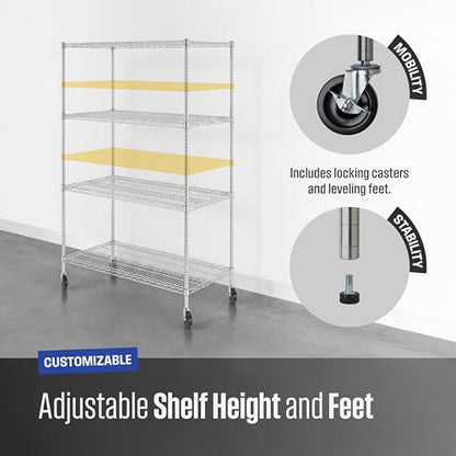 SafeRacks NSF Heavy Duty 4-Tier Steel Wire Rack w/Wheels (24"x48"x72") - color: Silver, size: 24"x48"x72" 4-Tier
