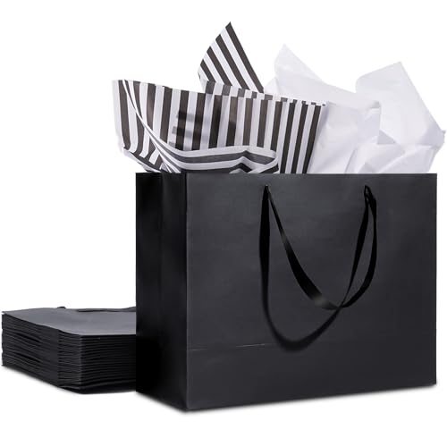 Plauthus 15.7" Black Gift Bags, 12-Pack with Tissue Paper and Ribbon - color: black-12-XL