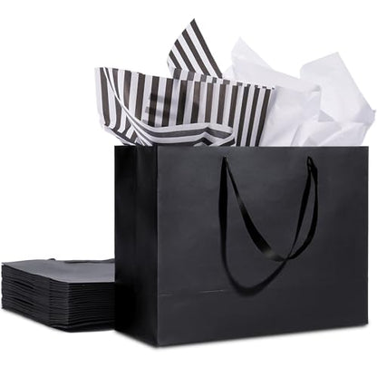 Plauthus 15.7" Black Gift Bags, 12-Pack with Tissue Paper and Ribbon - color: black-12-XL