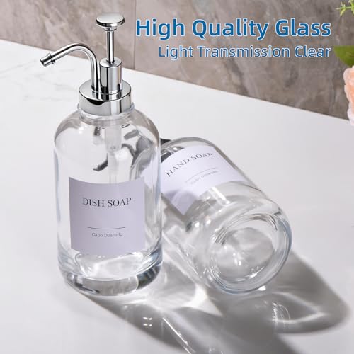 Glass Soap Dispenser with Pump, Dish and Hand Soap Dispenser for Kitchen Bathroom Set, Clear Glass Dispenser Set of 2 Pack with 18 Stickers Funnel Bamboo Tray 500ml 18oz / Each Bottle Sliver Pump - color: Glass+sliver Pump