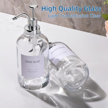 Glass Soap Dispenser with Pump, Dish and Hand Soap Dispenser for Kitchen Bathroom Set, Clear Glass Dispenser Set of 2 Pack with 18 Stickers Funnel Bamboo Tray 500ml 18oz / Each Bottle Sliver Pump - color: Glass+sliver Pump