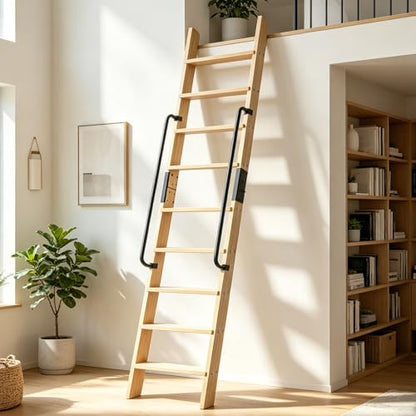 9.8FT Solid Wood Rolling Library Ladder, Industrial Style Loft Ladder with Double Handrails, 9 Steps Attic Ladder, 660LBS High Capacity, for Attic, Warehouse, Library, Bookshelf, Kitchen (9.8ft) - size: 9.8ft