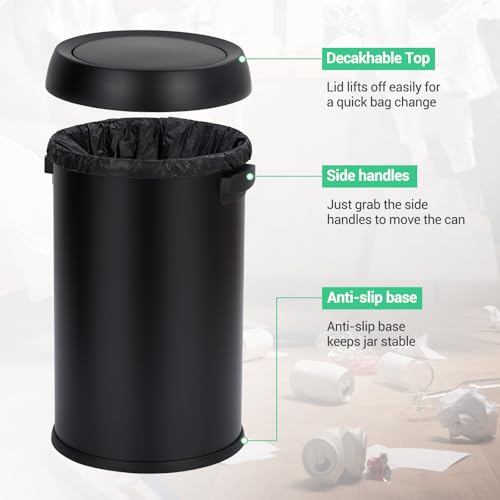 Garvee 17 Gal/65 L Trash Can, Fingerprint-Proof Stainless Steel Swing Top Garbage Can, Heavy Duty Commercial Round Trash Bin with Swing Lid for Restaurant, Home, Office, Black - color: Black, size: 17 Gallon Swing Top