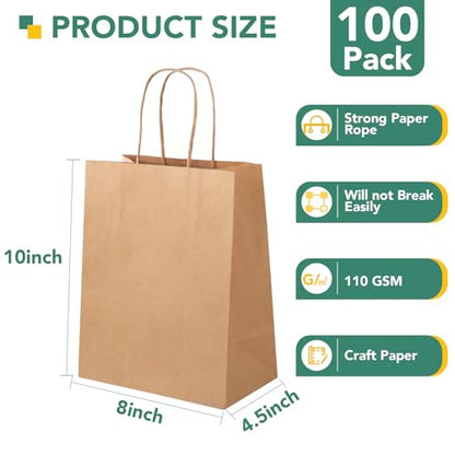 XPCARE Brown Paper Bags with Handles, 100Pcs 8x4.5x10In Kraft Paper Bag - color: Brown