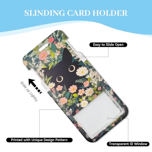 Hancynir Black Cat Flower Lanyards for Id Badges with Retractable Reel Clip - color: Floral Cat Green