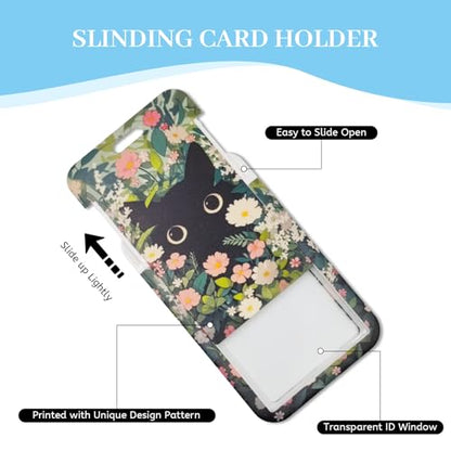 Hancynir Black Cat Flower Lanyards for Id Badges with Retractable Reel Clip - color: Floral Cat Green
