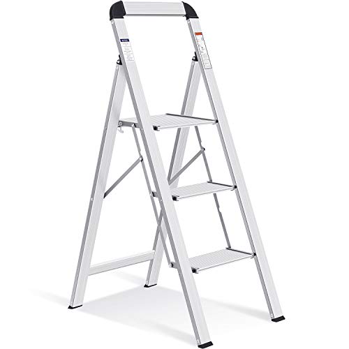 KINGRACK Aluminium 3 Step Ladder, Lightweight Step Stool with Non-Slip Pedals, Handrail, 330 LBS Foldable Step Ladder for Kitchen, Garage, Home, Space Saving, Sturdy and Portable, Silver - color: Silver, size: 3-step with Handrail