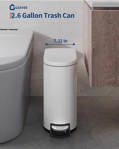 Garvee 13 gal (50 L) and 2.6 gal (10 L) Metal Trash Can Combo Set, Rustproof Garbage Can with Lid, Step-on Trash Bin with Inner Bucket, Rear Handle, White - color: White, size: 13.2 + 2.6 gal Combo Set