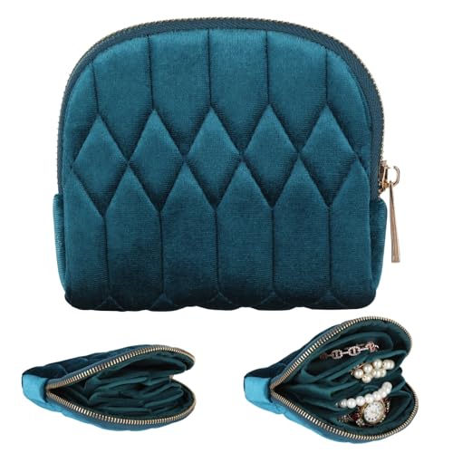 Quilted Velvet Jewelry Organizer Pouch, Velvet Zipper Jewelry Bag with Multiple Compartments, Compact Travel Jewelry Storage Case for Rings Earrings Bracelets Necklaces