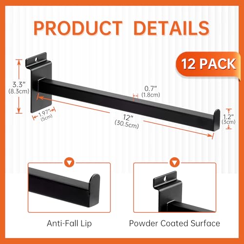 12 Inch Square Tubing Slatwall Shelf Bracket , Heavy Duty Slat Wall Floating Shelf Bracket with Lip, Slatwall Accessories for Retail Display,Garage (12Pcs, Black) - size: 12 Inch
