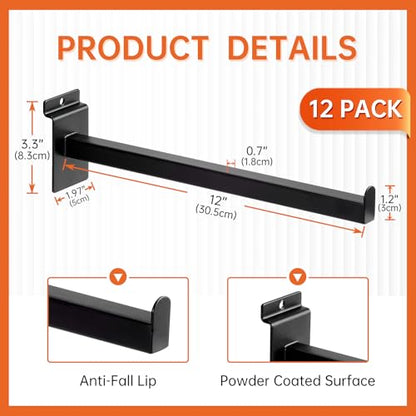 12 Inch Square Tubing Slatwall Shelf Bracket , Heavy Duty Slat Wall Floating Shelf Bracket with Lip, Slatwall Accessories for Retail Display,Garage (12Pcs, Black) - size: 12 Inch
