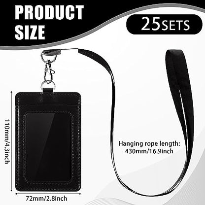 Fulmoon 25 Sets Leather Badge Holder with Lanyard Bulk School, Black