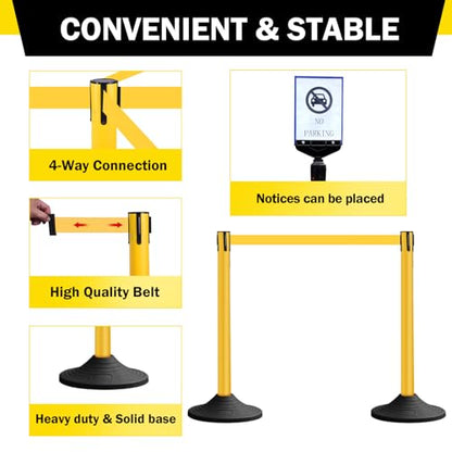 10 ft Crowd Control Stanchion Set, Yellow Crowd Control Barrier with Retractable Belts & Rubber Base, Queue Management Stanchion (6 Pack) - size: Rubber Base-6 Pack