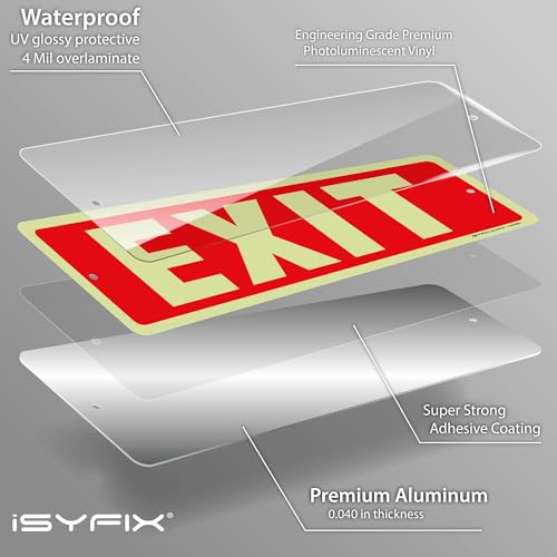 iSYFIX Exit Glow in the Dark Sign Aluminum, 6 Pack, 12x4 Inch - color: Metal Glow, size: 6 Pk 12x4