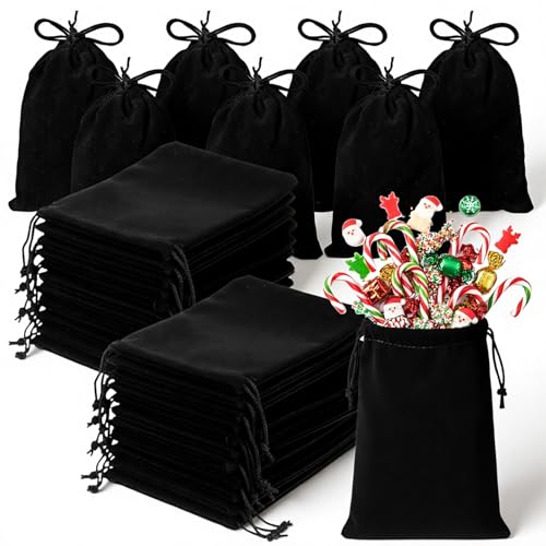 PercyEffie 100 Pcs Velvet Drawstring Bags, Black Small Velvet Pouches with Drawstring for Jewelry Earring Storage, Wedding Party Favors (4 x 6 Inch)